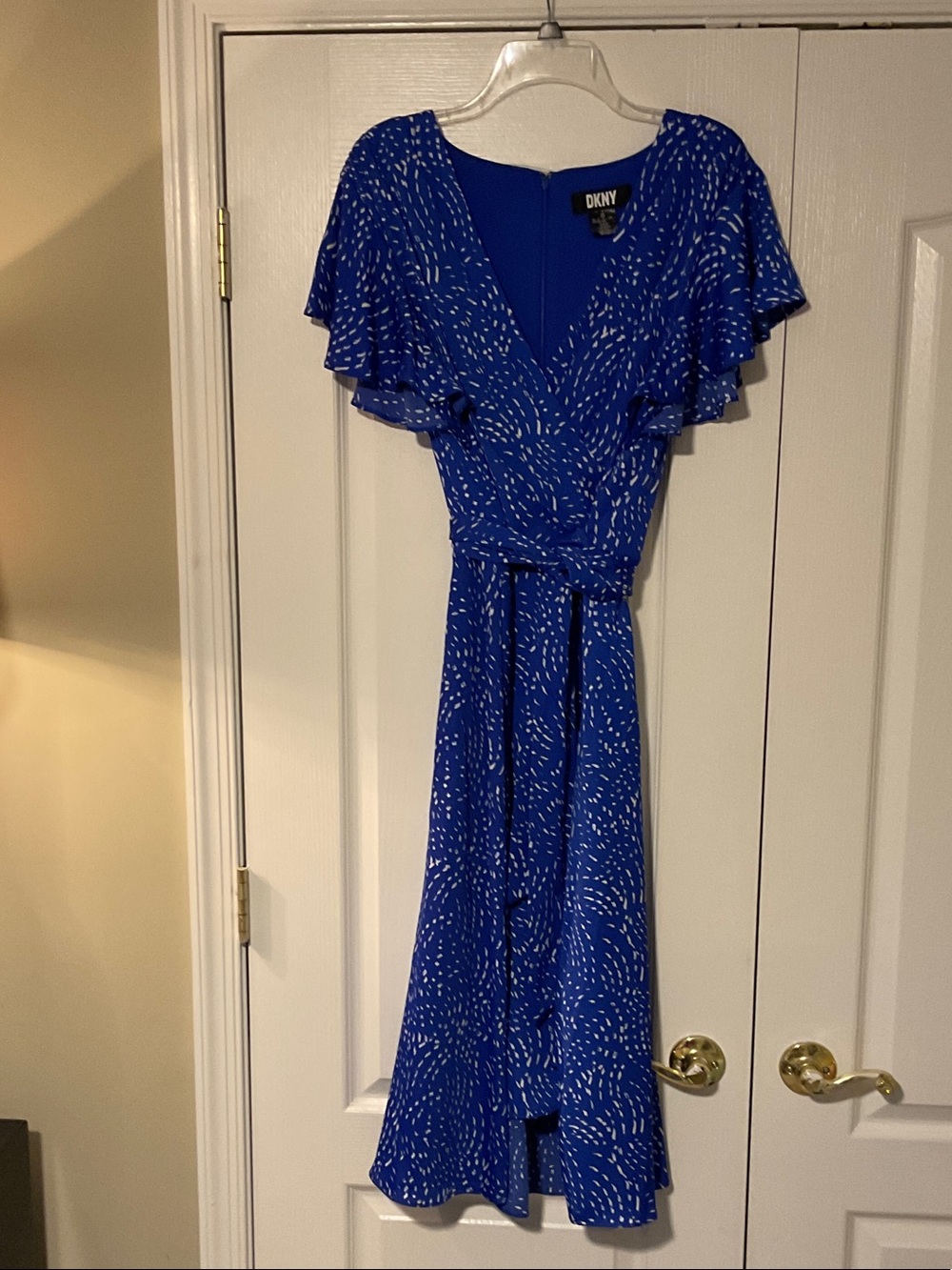 DKNY cobalt blue flutter-sleeve wrap midi dress
